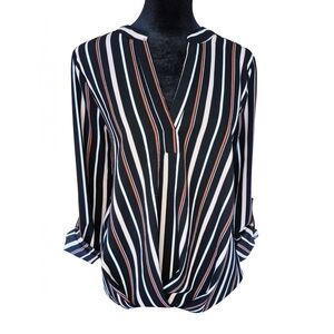 NY Collection Striped V-Neck Twist Front Blouse Size M